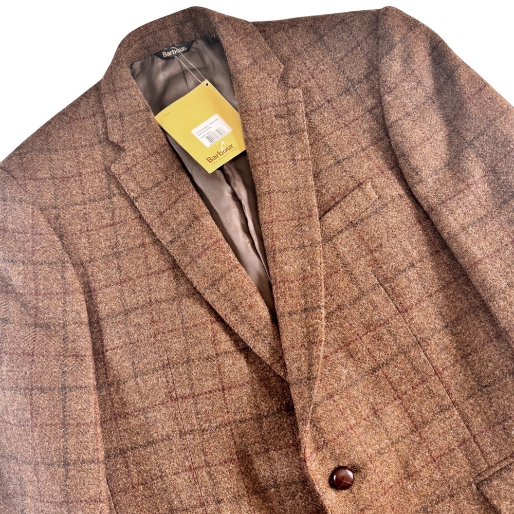 Barbour Beckington Blazer Men 46R Brown Windowpane Wool Sport Coat Elbow Patches